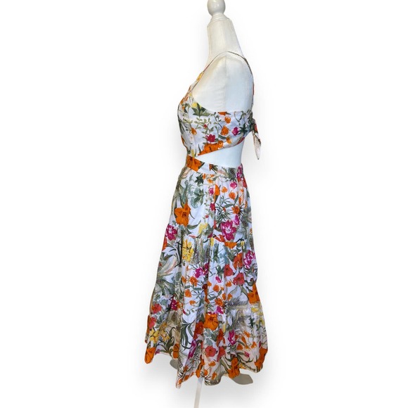 Chelsea & Violet Tropical Floral Print Tiered Midi Dress Linen Blend Tie Back - Picture 5 of 12
